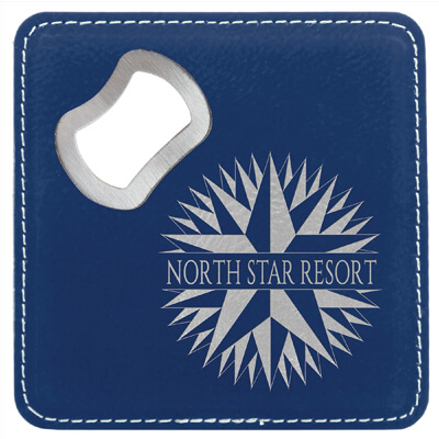 Silver Laser Engraved Leatherette Coaster with Bottle Opener